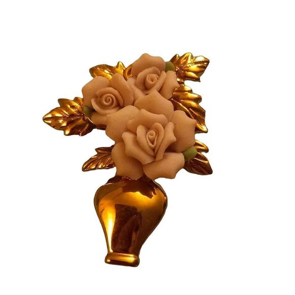 Avon Jewelry - Avon pink porcelain roses in vase brooch pin